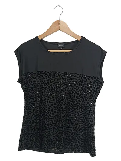 Bexleys Woman Damen Top Gr. 42/XL Schwarz Pailletten Elegant Party Tierdruck