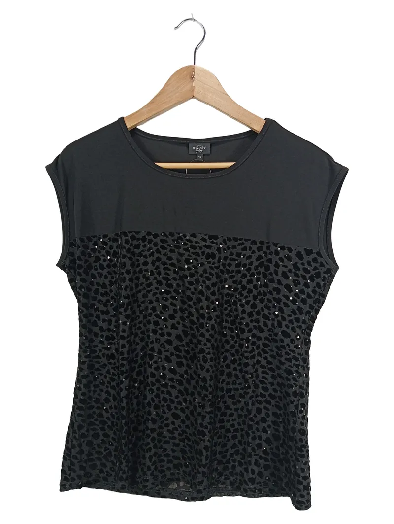 Bexleys Woman Damen Top Gr. 42/XL Schwarz Pailletten Elegant Party Tierdruck 1
