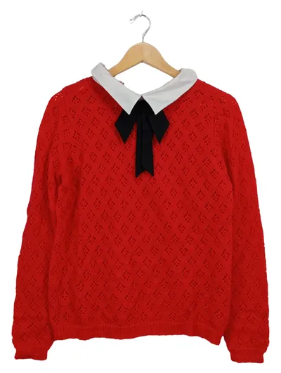 J&S MILLENIUM Damen Pullover Rot Lochmuster Kragen Schleife One Size