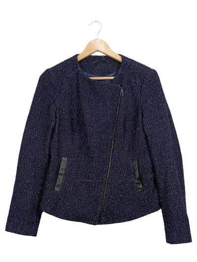 HUGO BOSS Damen Jacke Gr. 38 Blau Tweed Biker Stil Wolle