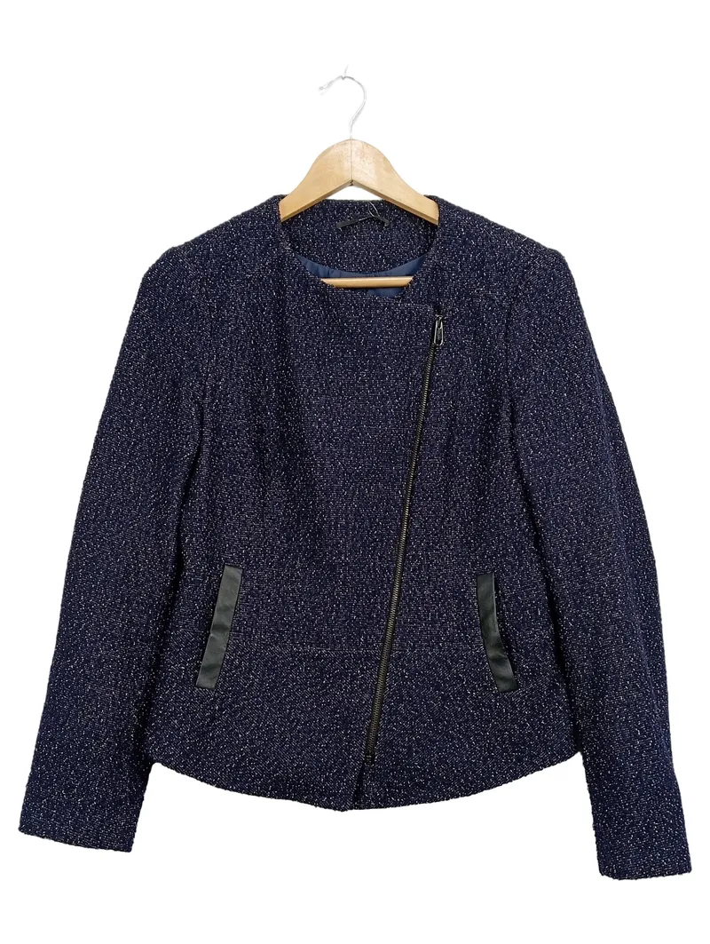 HUGO BOSS Damen Jacke Gr. 38 Blau Tweed Biker Stil Wolle 1
