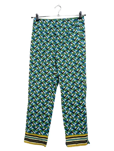 ZARA Damen Stoffhose Gr. 36 Geometrisch Muster Grün Blau Baumwolle
