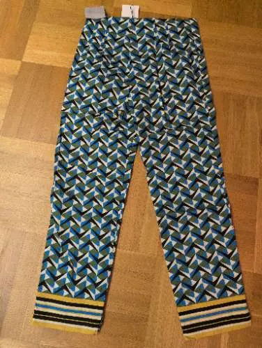 ZARA Damen Stoffhose Gr. 36 Geometrisch Muster Grün Blau Baumwolle