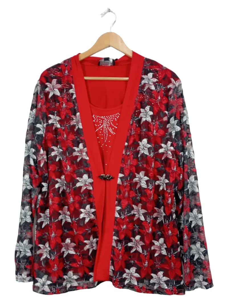 TRENDS by Jutta Leibfried Twin Set Cardigan Top Blumen Gr. 48/50 Rot 1
