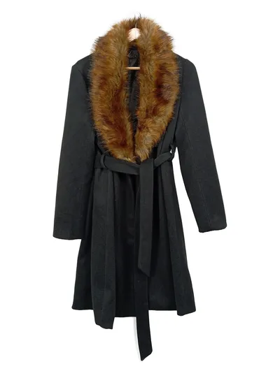 Zuiki Damen Mantel Klassisch Kunstpelzkragen Schwarz Gr. M Elegant