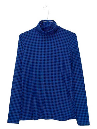 Lands' End Damen Rollkragen Pullover Kariert Blau Baumwolle Gr. S