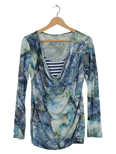 Alba Moda Langarmshirt Damen Gr. 40 Blau Drapierung Streifen-Einsatz