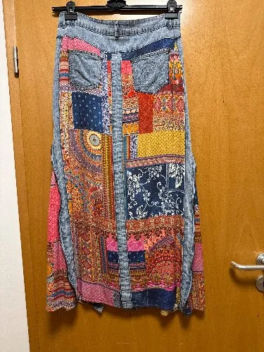 Desigual Damen Jeansrock Maxirock Patchwork Boho Gr. 38 Mehrfarbig