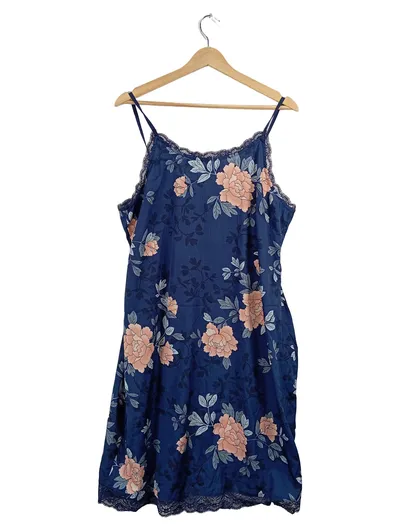 Cubus Nachthemd Negligé Blumenmuster Spitze Blau Damen Gr. XL