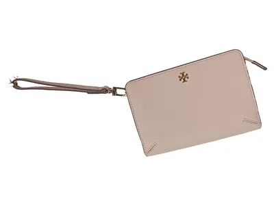 Tory Burch Wristlet Clutch Leder Beige Damen Klein Elegant Logo
