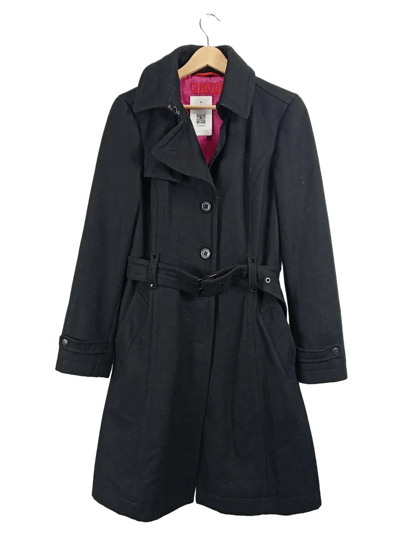 CINQUE Damen Wollmantel Gr. 38 Schwarz Trenchcoat Gürtel Klassisch 1