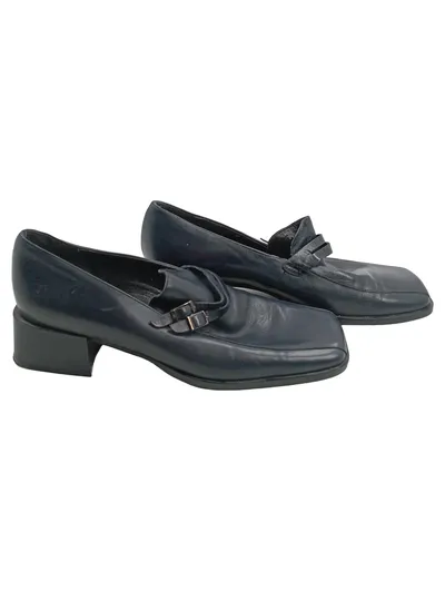 Tamaris Damen Slipper Leder Blau Gr. 38 Blockabsatz Schnalle