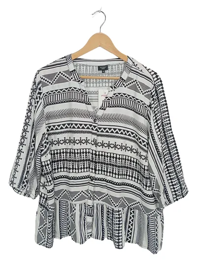 Bexleys Woman Bluse Damen Gr. 48 Ethno Muster Viskose Weiß Schwarz