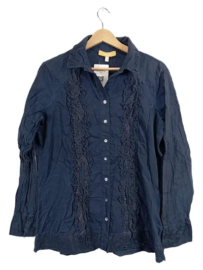 BiBA Damen Bluse Gr. 44 Blau Langarm Rüschen Spitze Baumwolle