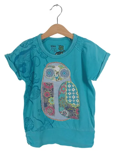 Desigual Kinder T-Shirt Mädchen Tiermotiv Eule Applikation Türkis Gr. 128