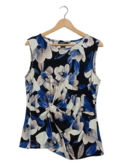 DKNY Damen Top Blumenmuster Raffungen Ärmellos Elegant L Mehrfarbig