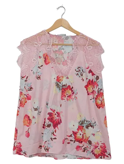 Milan Kiss Damen Top Shirt Rosa Blumenmuster Spitze Gr. 40 L