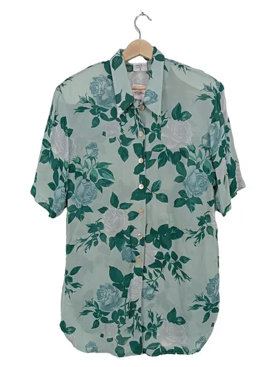 emdee Damen Bluse Shirt Blumenmuster Grün Gr. 36 S Casual Viskose Kurzarm