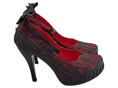 Bettie Page Damen Pumps Gr. 37 Schwarz Rot Spitze Schleife High Heels