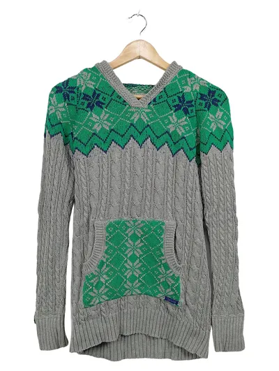 Superdry Damen Strickpullover Kapuze Norwegermuster Grau Grün Gr. M