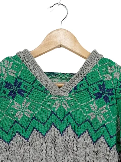 Superdry Damen Strickpullover Kapuze Norwegermuster Grau Grün Gr. M