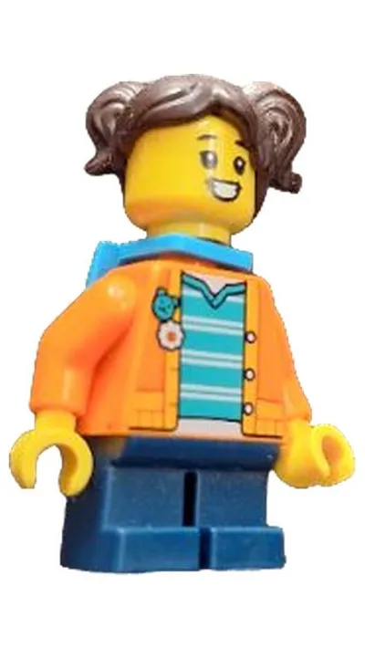 LEGO Minifigur Mädchen mit Zöpfen orangefarbene Jacke Rucksack City