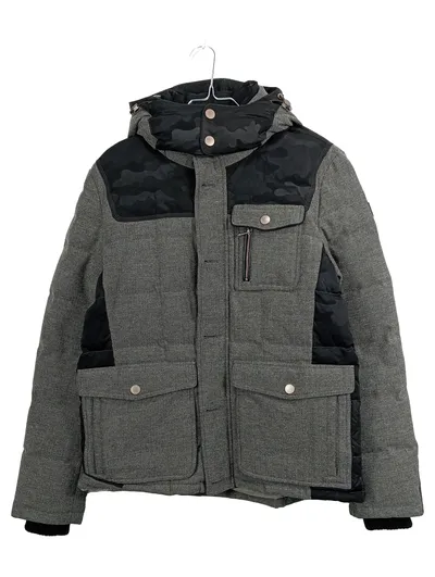 Handstich Herren Winterjacke L 50 Grau Wolle Fischgrät Kapuze Outdoor