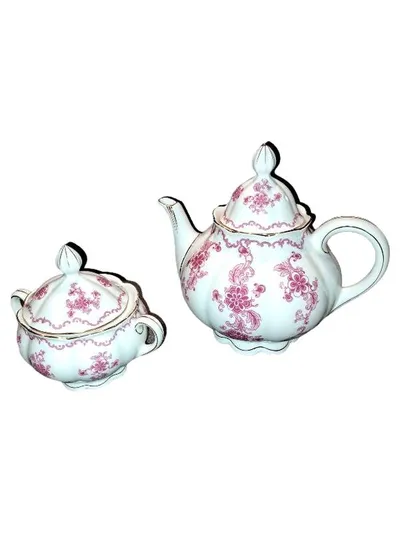 Schirnding Victoriarot Milch und Zucker Set Porzellan Blumenmuster Weiß Vintage