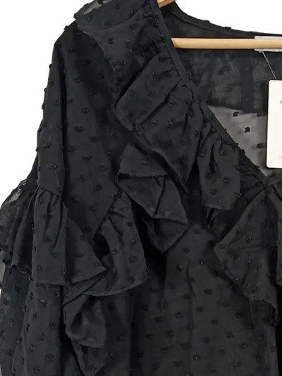 LOAVIES Damen Bluse S Rüschen transparent Dobby schwarz romantisch