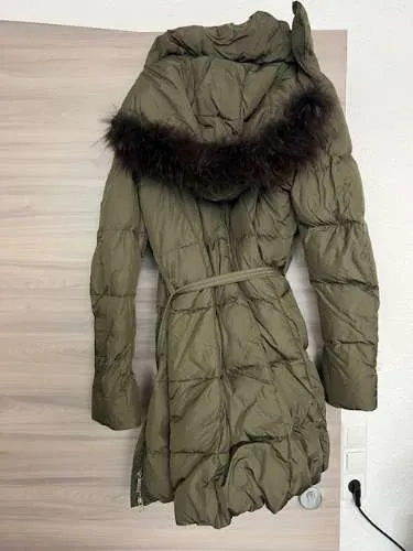 ADD Damen Steppmantel Daunenmantel Gr. M Oliv Kapuze Fellbesatz