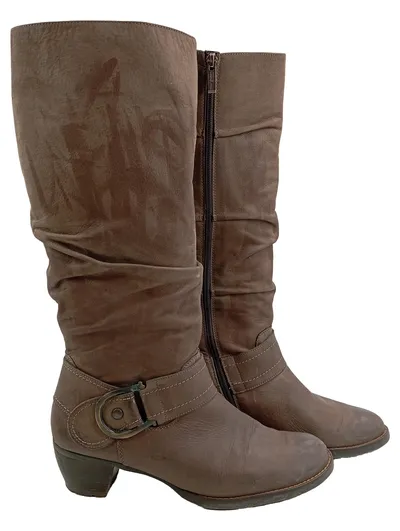 Paul Green Damen Stiefel Gr. 41 Braun Leder Schnalle Absatz 5cm