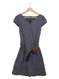 Comma Damen Kleid Gr. 36 Blau Weiß Polka Dots Retro mit Gürtel 1