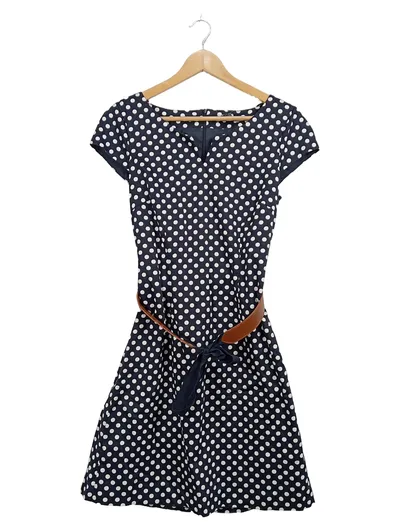Comma Damen Kleid Gr. 36 Blau Weiß Polka Dots Retro mit Gürtel