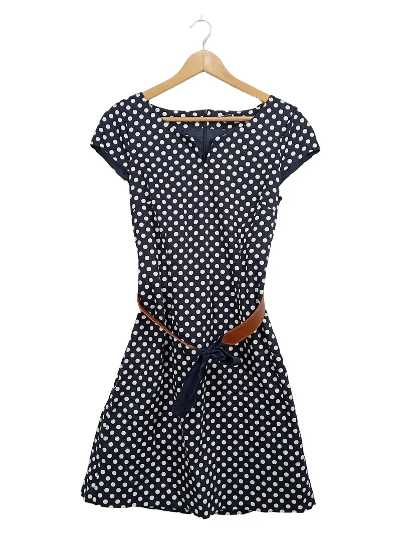 Comma Damen Kleid Gr. 36 Blau Weiß Polka Dots Retro mit Gürtel 1
