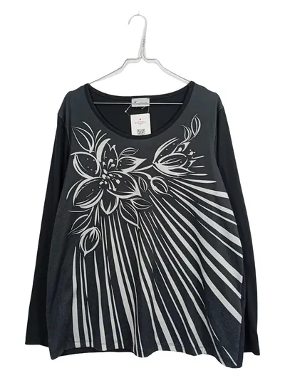 Komplimente Damen Langarmshirt Blumenprint Gr. 46 Schwarz Weiß Strass