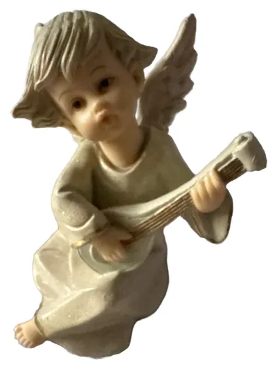 Gilde Engel Figur Laute Keramik Dekofigur Beige Nostalgisch 10cm Weihnachten
