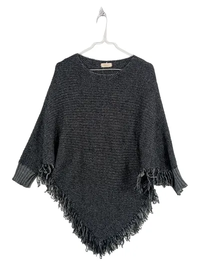 Abbino Damen Poncho Gr. M Grau Meliert Fransen Strick Casual