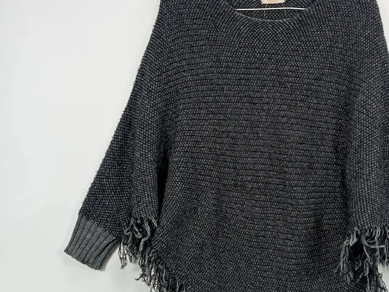 Abbino Damen Poncho Gr. M Grau Meliert Fransen Strick Casual 3