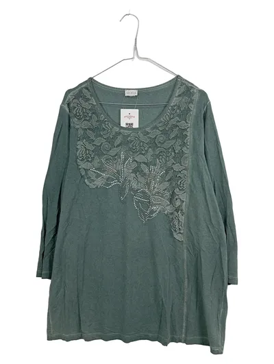 MONA Damen Langarmshirt 3/4 Baumwolle Blumen Spitze Gr. 46/3XL Grün
