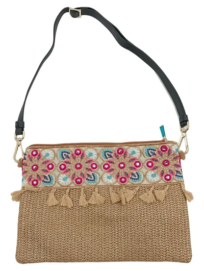 Ale-Hop Clutch Tasche Stroh-Optik Stickerei Quasten Bohemian Beige 29x22cm