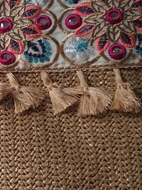Ale-Hop Clutch Tasche Stroh-Optik Stickerei Quasten Bohemian Beige 29x22cm 4