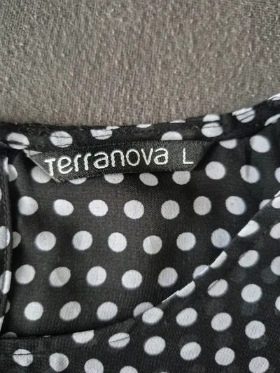 Terranova Damen Bluse Gr. L Polka Dots Rüschenärmel Schwarz Weiß