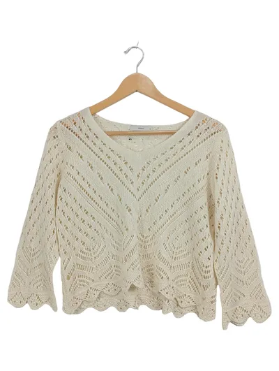 Pigalle Damen Strickpullover Gr. M Beige Lochmuster Bohemian Häkel-Look