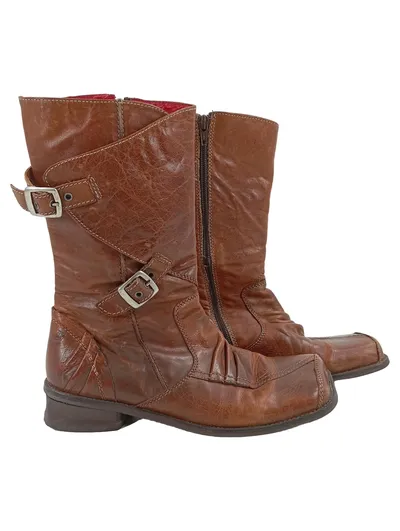 SILEX Damen Leder Stiefel Braun Gr. 39 Vintage Schnallen Biker Style