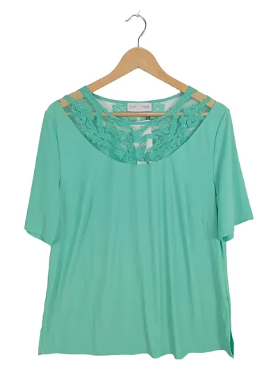 Curvy Me Damen Bluse Gr. 44 Türkis Spitze Strass Kurzarm Shirt