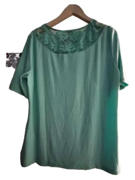 Curvy Me Damen Bluse Gr. 44 Türkis Spitze Strass Kurzarm Shirt 3