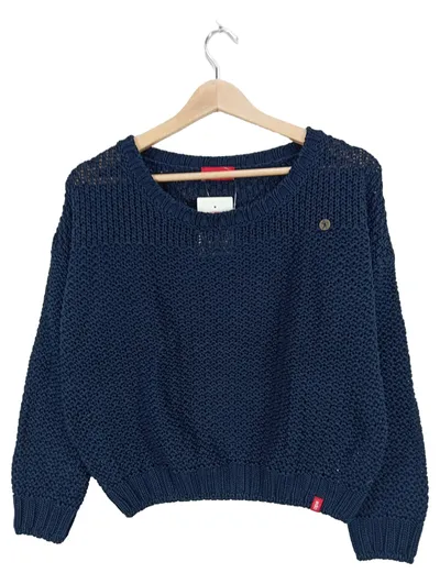 EDCO Damen Pullover Strickmuster Lochmuster Blau Gr. S Baumwolle
