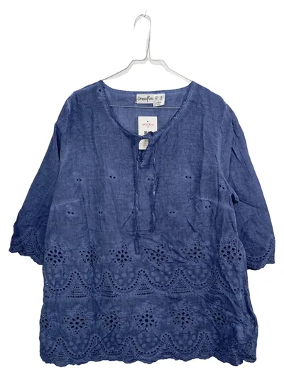 Dress In Damen Bluse 3/4 Arm Lochmuster Stickerei Baumwolle Blau 46