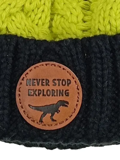 X-Mail Kinder Strickmütze Bommel Dinosaurier Mehrfarbig Neongelb Grau