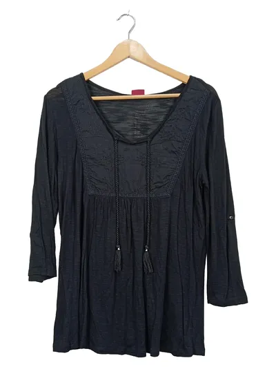 Buffalo London Damen Tunika Bluse Gr. 38 Grau Boho Stickerei
